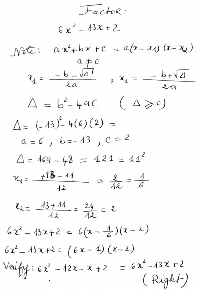 Factor 6x^2-13x+2. Show your work.-example-1