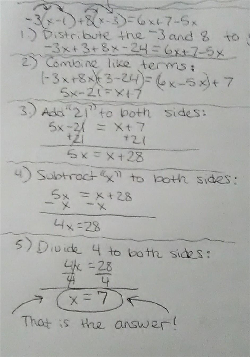 How do I solve -3(x-1)+8(x-3)=6x+7-5x-example-1