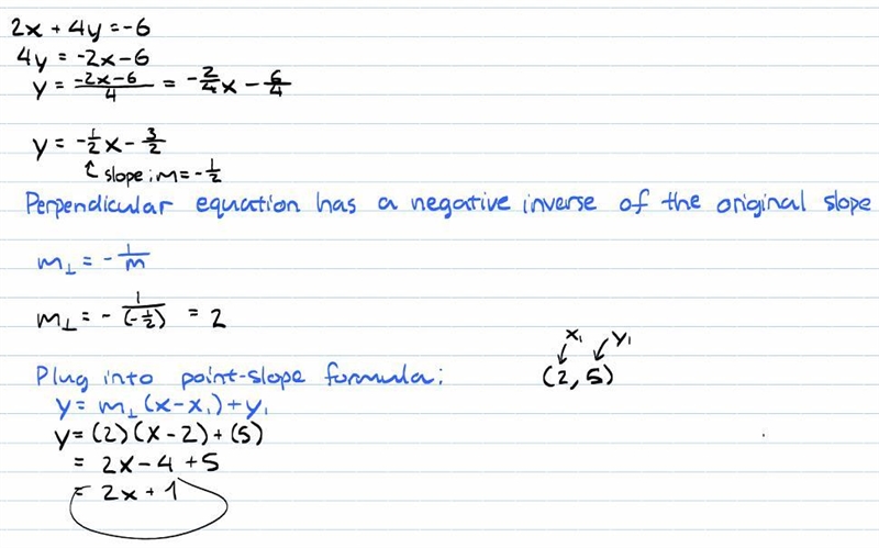 Write an equation of the line that is perpendicular to 2x+4y=-6 and passes through-example-1