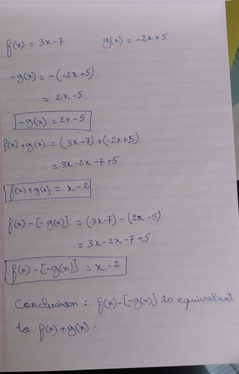 Write two linear functions, (x) and g(x). For example, f(x) = 3x - 7 and g(x) = -2x-example-1