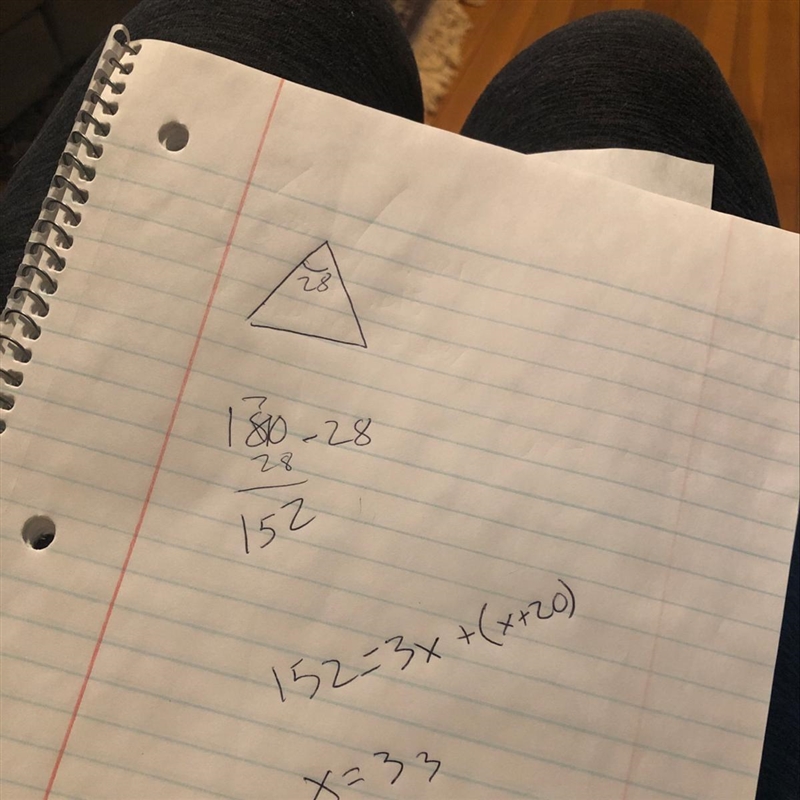 The angles in a triangle are represented by 28 degrees, 3x, and x+20. What is the-example-1