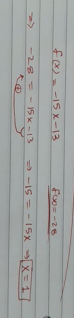 Given ƒ(x) = −15x − 13, find x when ƒ(x) = −28-example-1