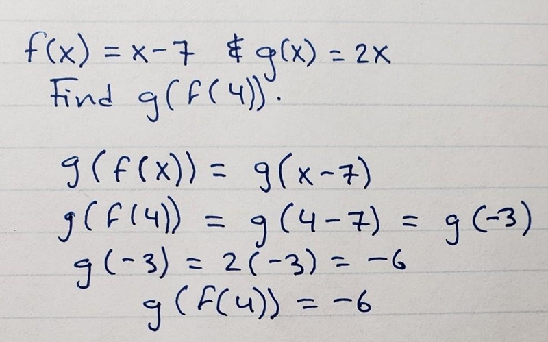 Given f(x) = x - 7 and g(x) = x2 Find g(F(4)). 9(f(4)) =-example-1