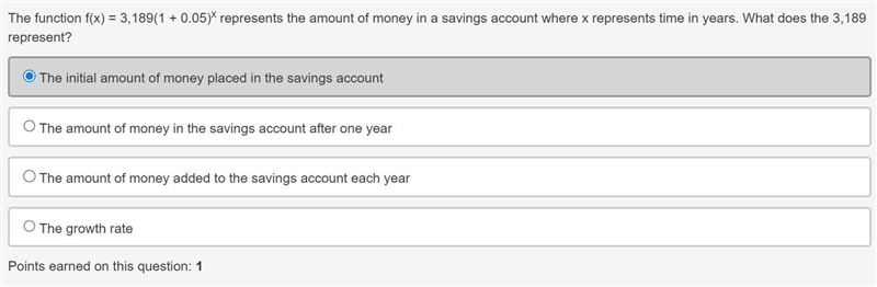 The function f(x) = 3,189(1 + 0.05)x represents the amount of money in a savings account-example-1