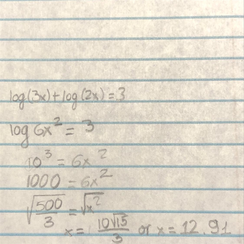 Solve the logarithmic equation log(3x)+log(2x)=3-example-1