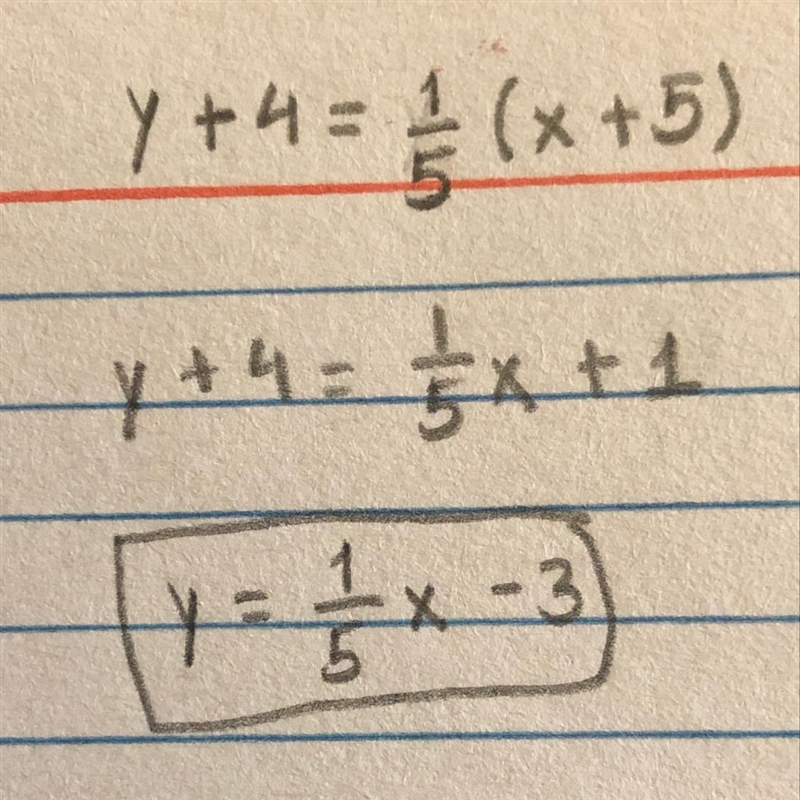 Write the equation of a line that passes through the point -5,-4 and has a slope of-example-1