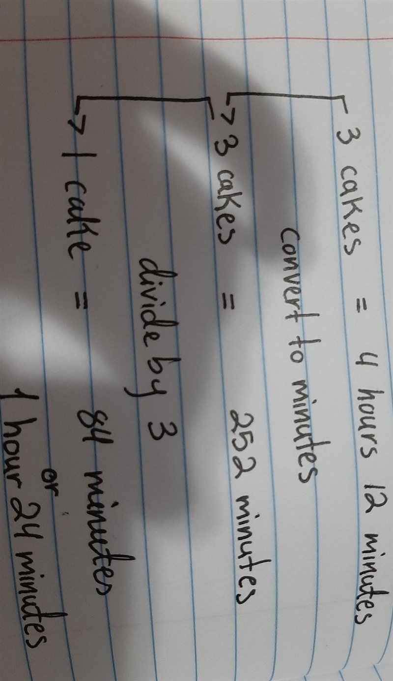Betty baked 3 cakes in 4 hours 12. Minutes how long did it take her to bake 1-example-1