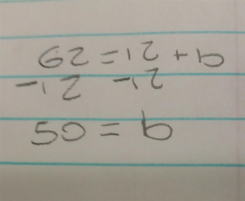 Solve the equation. 62 = 12 + b-example-1