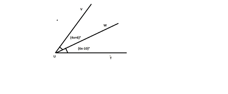 Ray UW is the angle bisector of VUT. If mVUW = (4x + 6)° and mWUT = (6x – 10)°, what-example-1