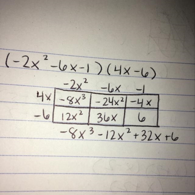 Simplify (-2xsquared-6x-1)(4x-6)-example-1