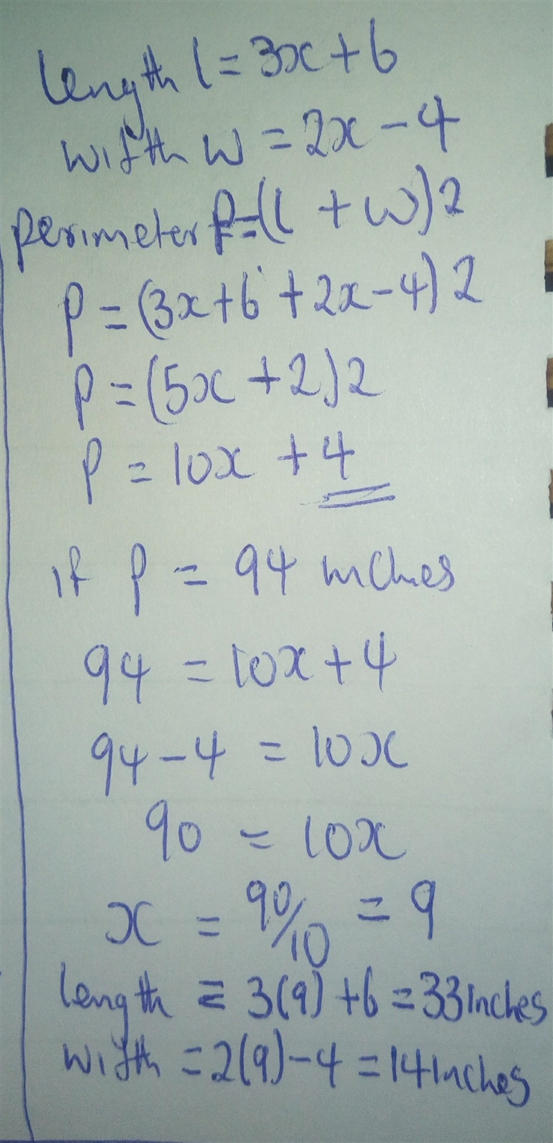 A rectangle has side lengths of 3X +6 inches and 2X -4 inches write an expression-example-1