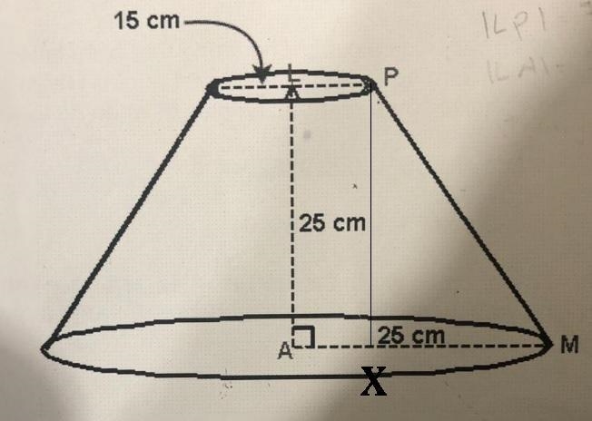 3. Determine the angle PMA of the lampshade. 15 cm- 25 cm -25 cm.- M-example-1