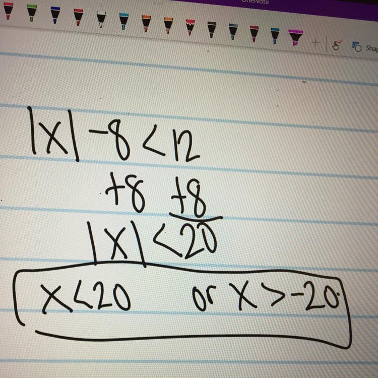 Which values are in the solution set of |x| -8 < 12?-example-1