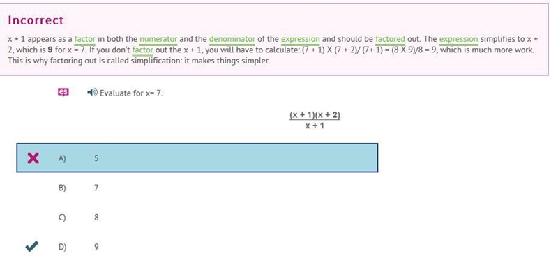 Evaluate for x= 7. (x + 1)(x + 2) x + 1 A) 5 B) 7 C) 8 D) 9-example-1