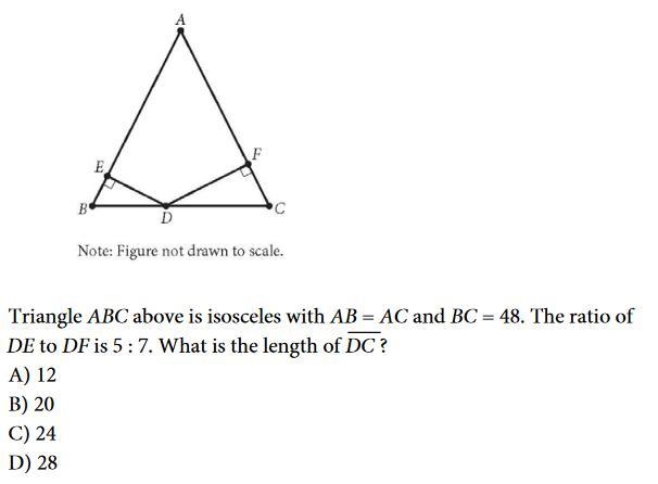 Triangle abc above is isosceles with an=ac and bc=48. The ratio of de to de is 5:7 . What-example-1