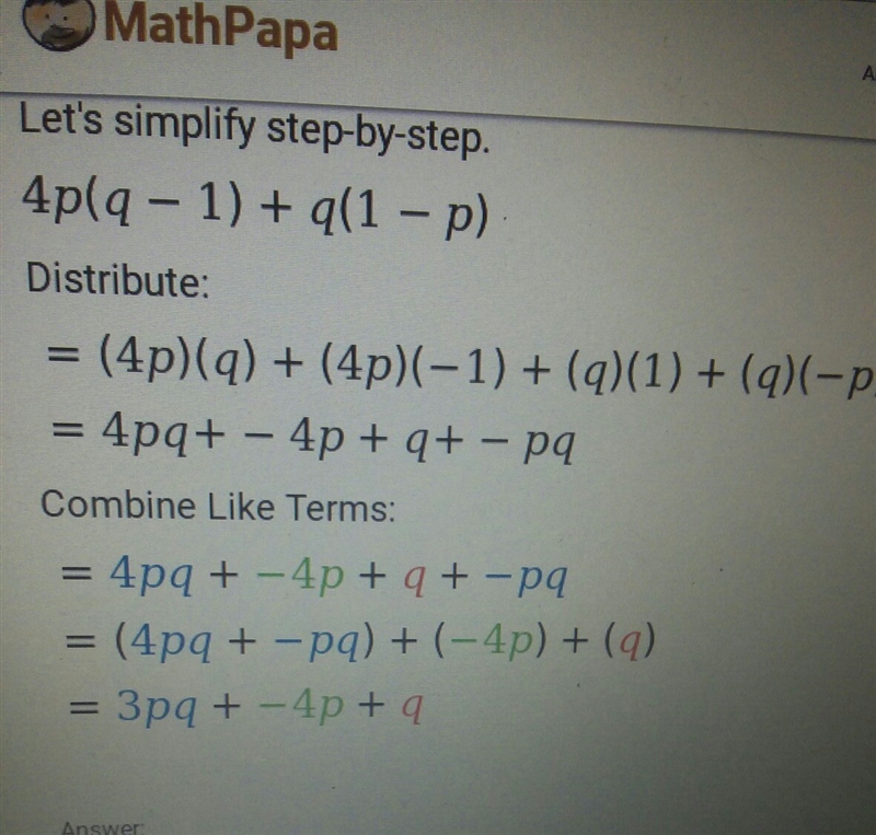 How to solve 4p(q-1)+q(1-p)-example-2