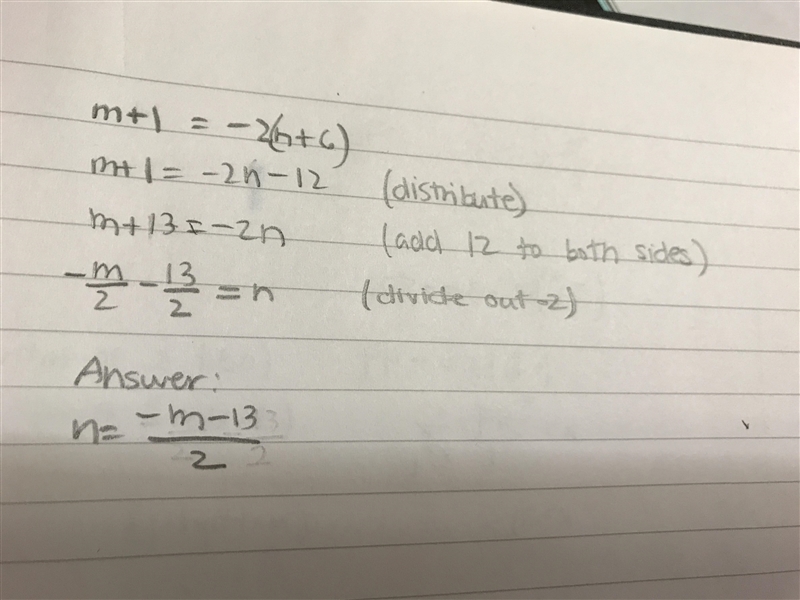 Rearrange the equation so n is the independent variable. m+1= -2(n +6) m =-example-1