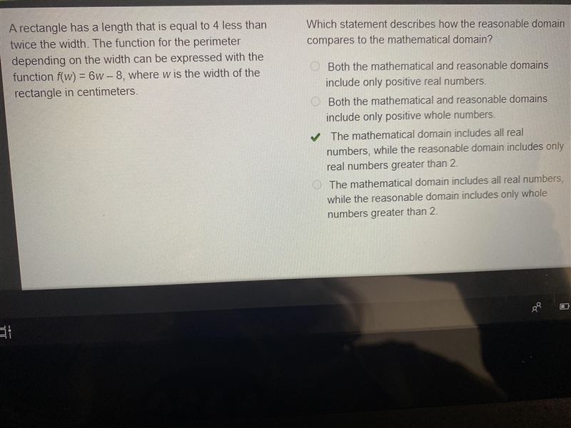 A rectangle has a length that is equal to 4 less than twice the width. The function-example-1