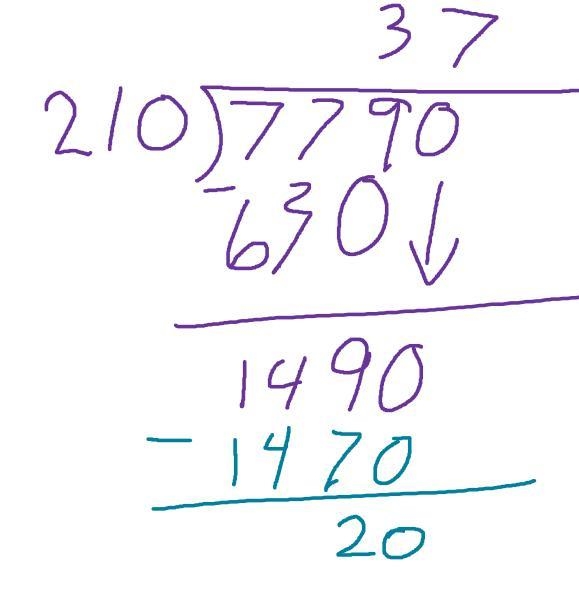 What is 7,790 divided by 210 and the remainder? (Cause I really need help with long-example-1