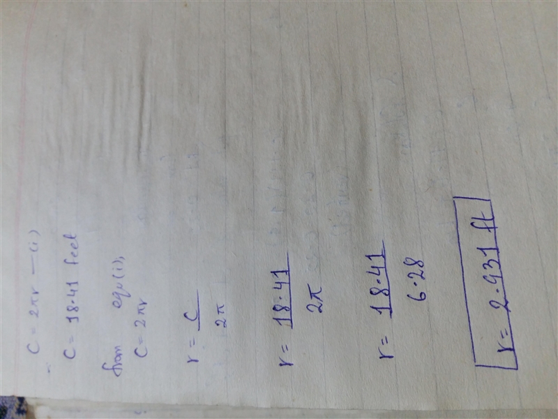 The circumference of a circle is 18.41 feet. WHat is the approximate length of the-example-1