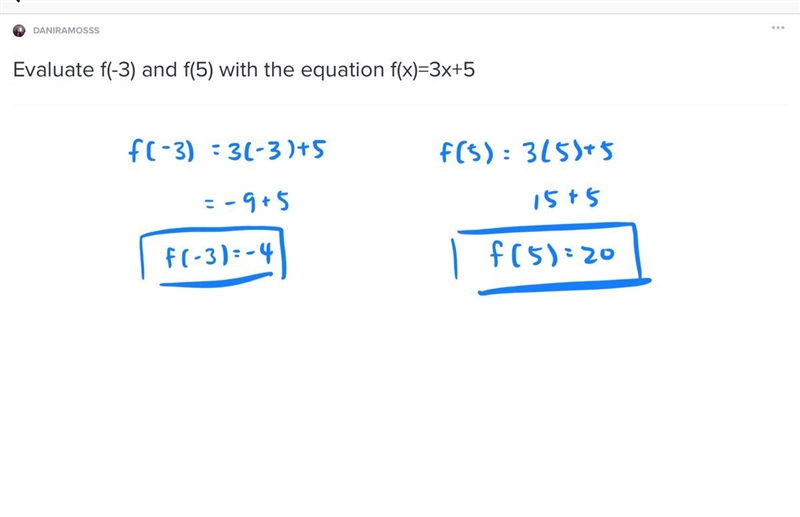 Evaluate f(-3) and f(5) with the equation f(x)=3x+5-example-1