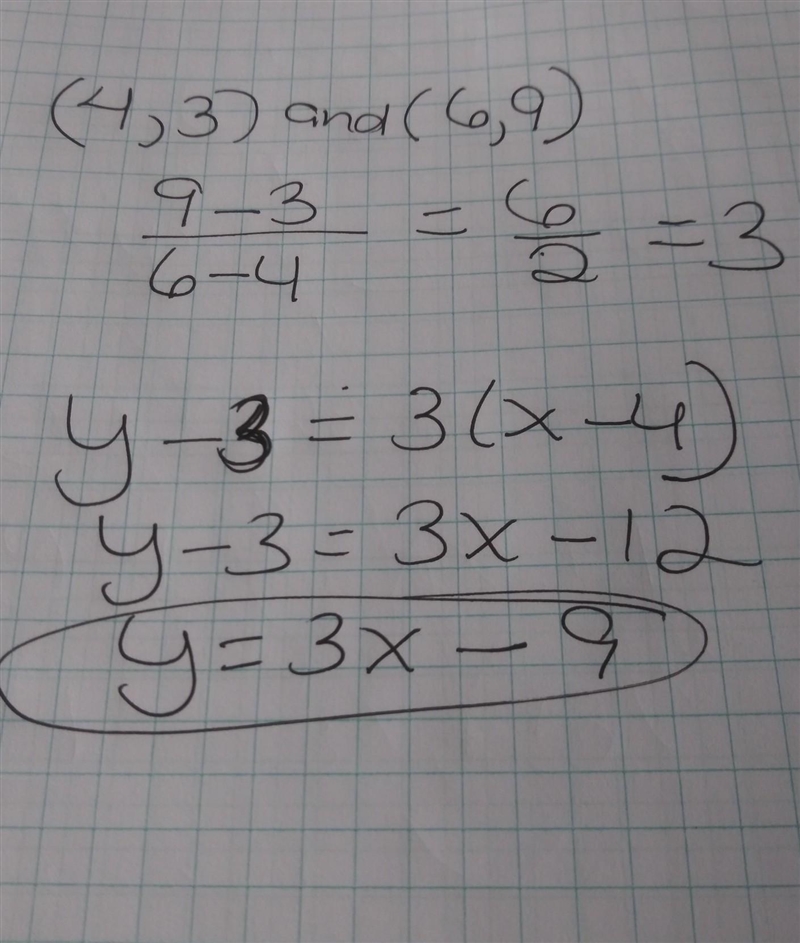 Write the equation of the line Through (4,3) and (6,9)-example-1