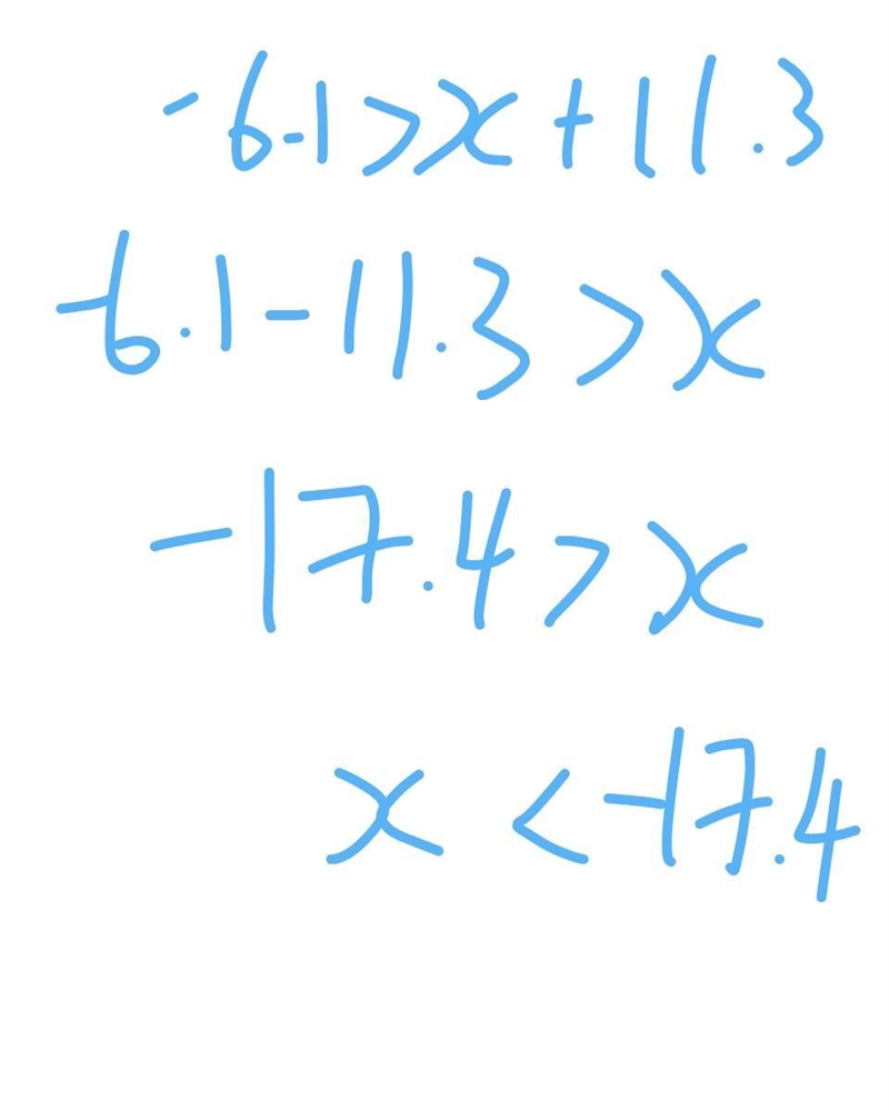 Describe the error in the work below. Solve –6.1 > x + 11.3 –6.1 – 11.3 > x-example-1