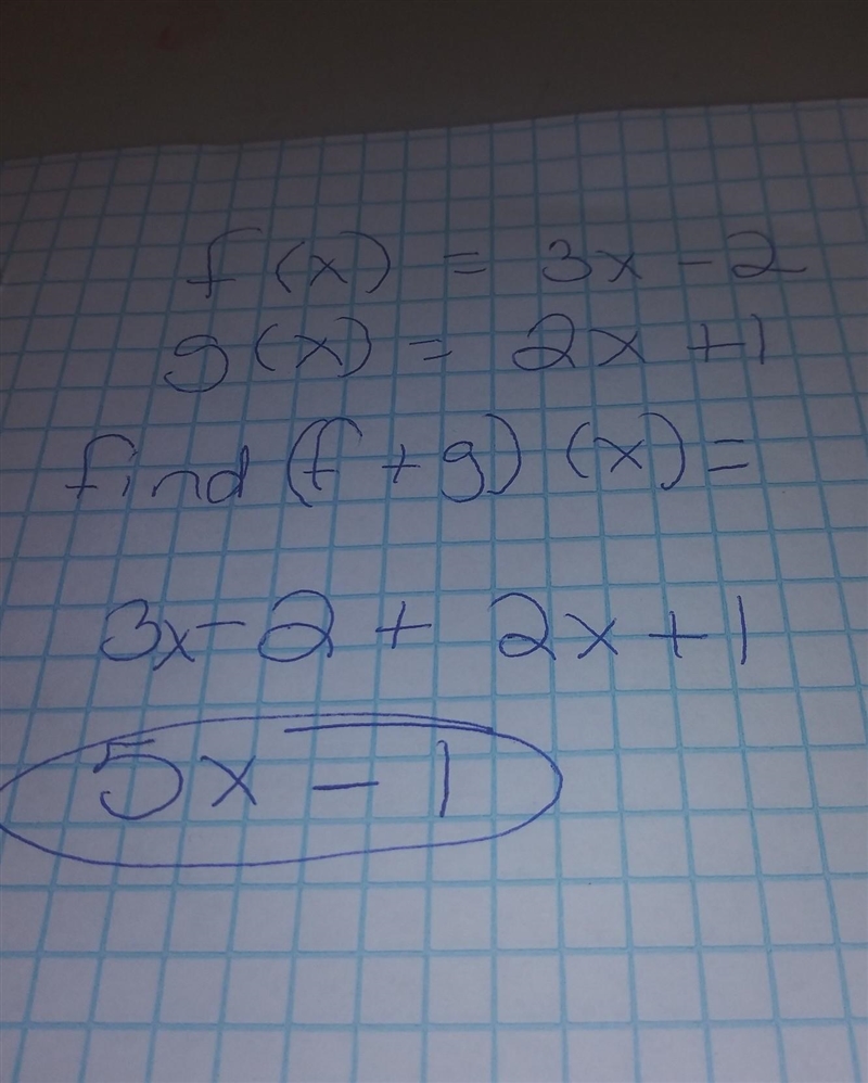 If f(x) = 3x - 2 and g(x) = 2x + 1, find (f + g)(x). ​-example-1