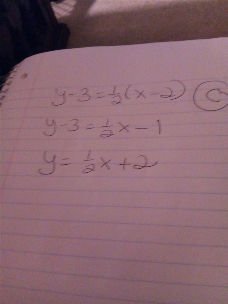 Which equation represents a line in point-slope form for a line where m=1/2 that goes-example-1