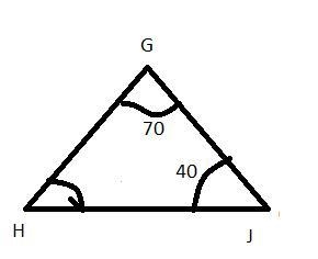 If G = 70° and J = 40°, then GH ___ HJ. Choose the correct symbol to put in the blank-example-1