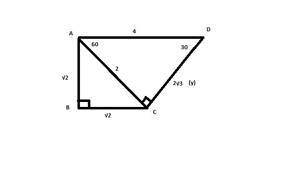 What is the value of y? A right triangle has a vertical leg labeled square root of-example-1