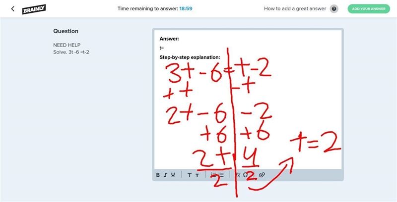 NEED HELP Solve. 3t -6 =t-2-example-1