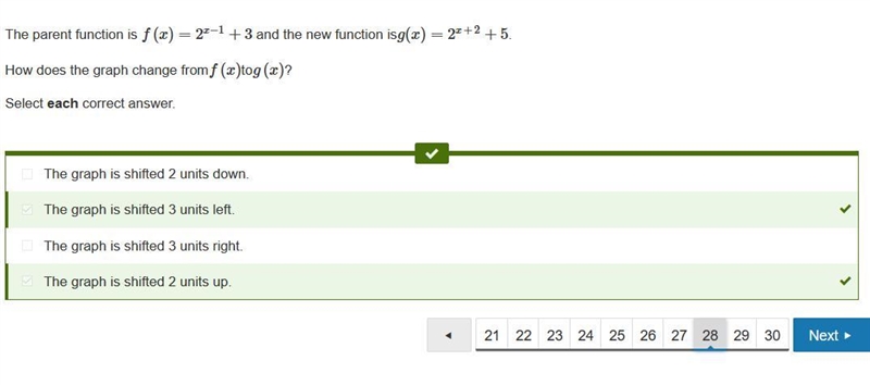 The parent function is f(x)=2x−1+3 and the new function is g(x)=2x+2+5 . How does-example-1