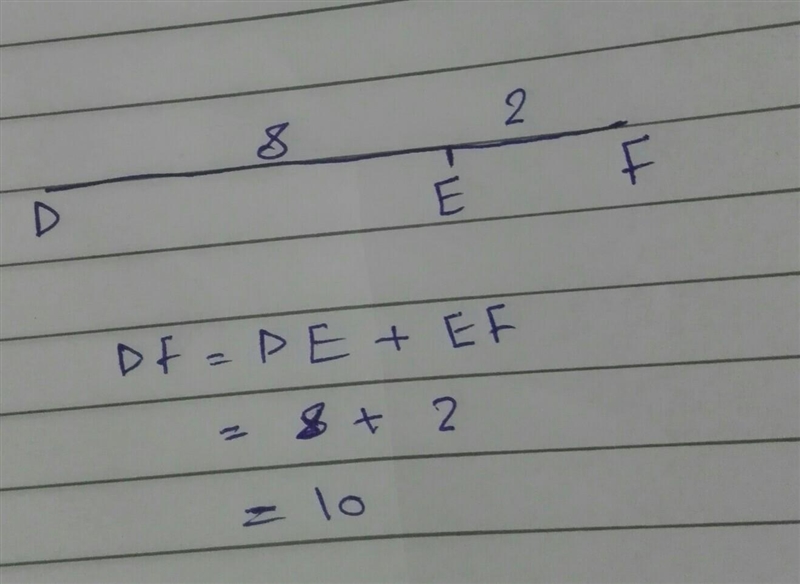 Point Eis on line segment DF. Given DE = 8 and EF= 2, determine the length DF.-example-1