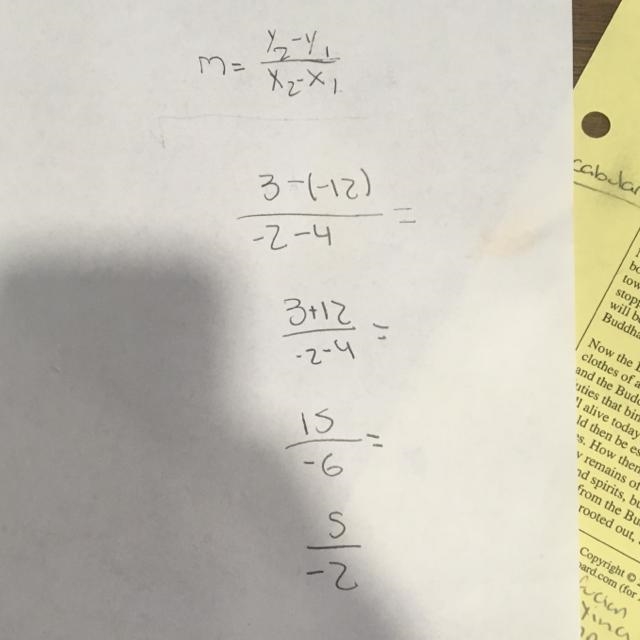 What is the slope of a line that passes through the points (-2, 3) and (4, -12)? A-example-1