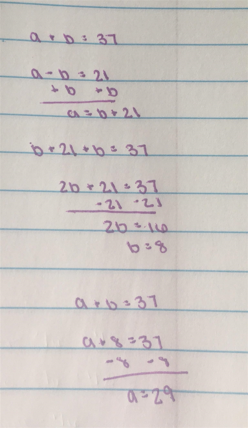 What are two numbers whose sum is 37 and whose differences is 21-example-1