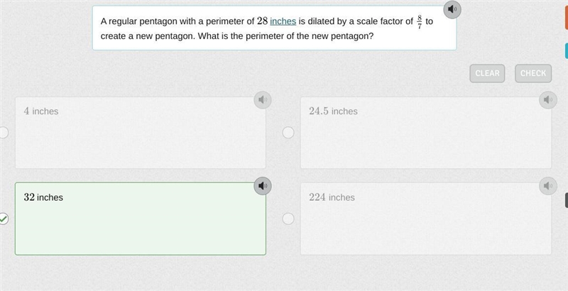 A regular pentagon with a perimeter of 28 inches is dilated by a scale factor of 8/7 to-example-1