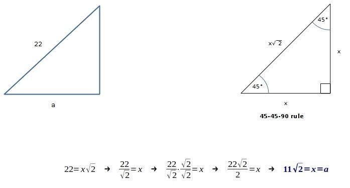 The length of the hypotenuse of a 45°-45°-90° triangle is 22. Find the length of one-example-1