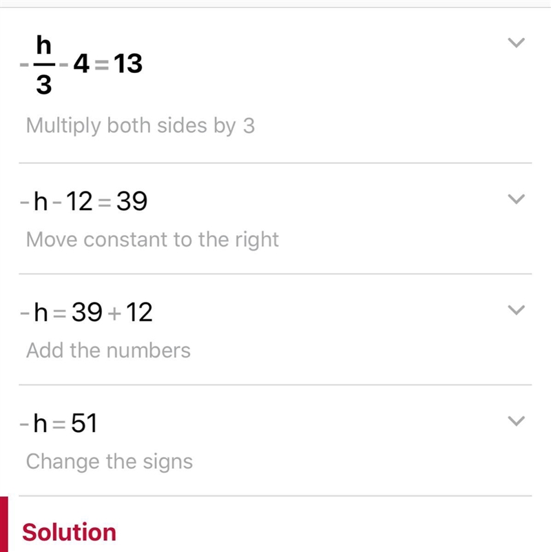 How do you solve -h/3 - 4 = 13-example-1