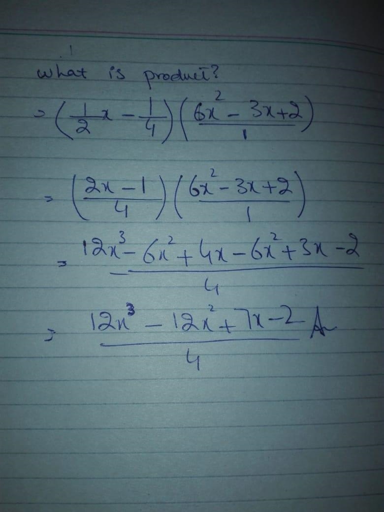 What is the product of 1/2x-1/4 and 6x^2 -3x+2? Write the answer in standard form-example-1