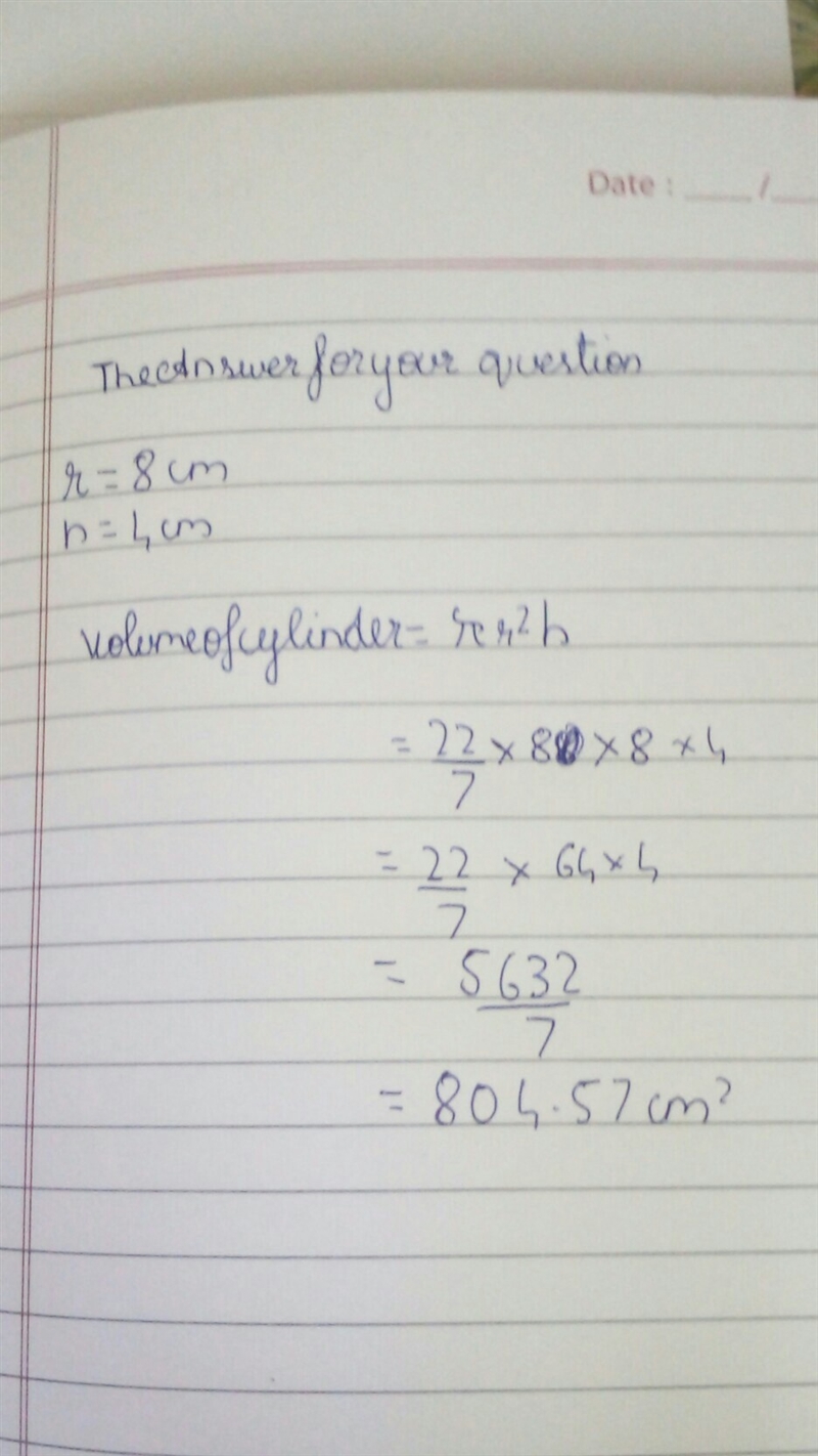 What is the volume of the cylinder below? Radius 8 height 4-example-1