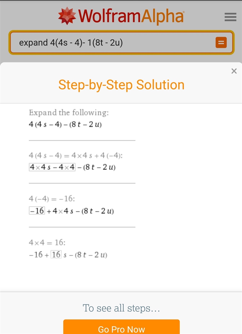 Clear parentheses by applying the distributive property. 4(4s - 4)- 1(8t - 2u)-example-1