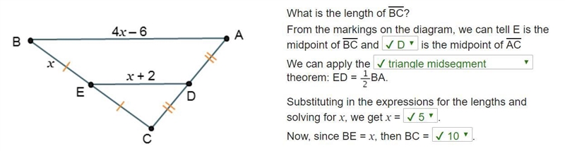 What is the length of BC? From the markings on the diagram, we can tell E is the midpoint-example-1