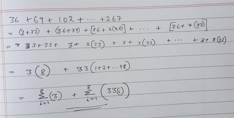 What is the series using summation notation? 36+69+102+...+267-example-1