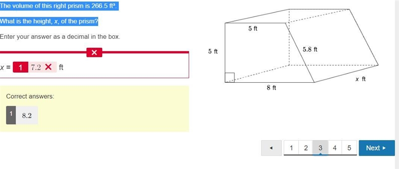 "The volume of the trapezoidal prism is 1279.152 cubic feet. Determine the height-example-1