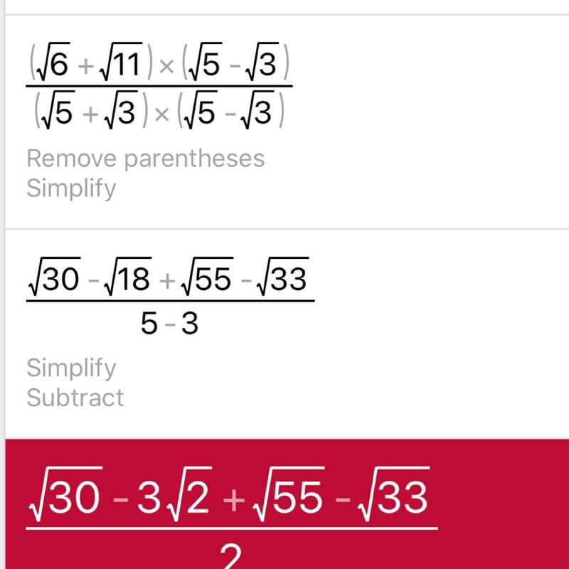 What is the following quotient? sqr root 6 + sqr root 11/ sqr root 5+ sqr root 3-example-1