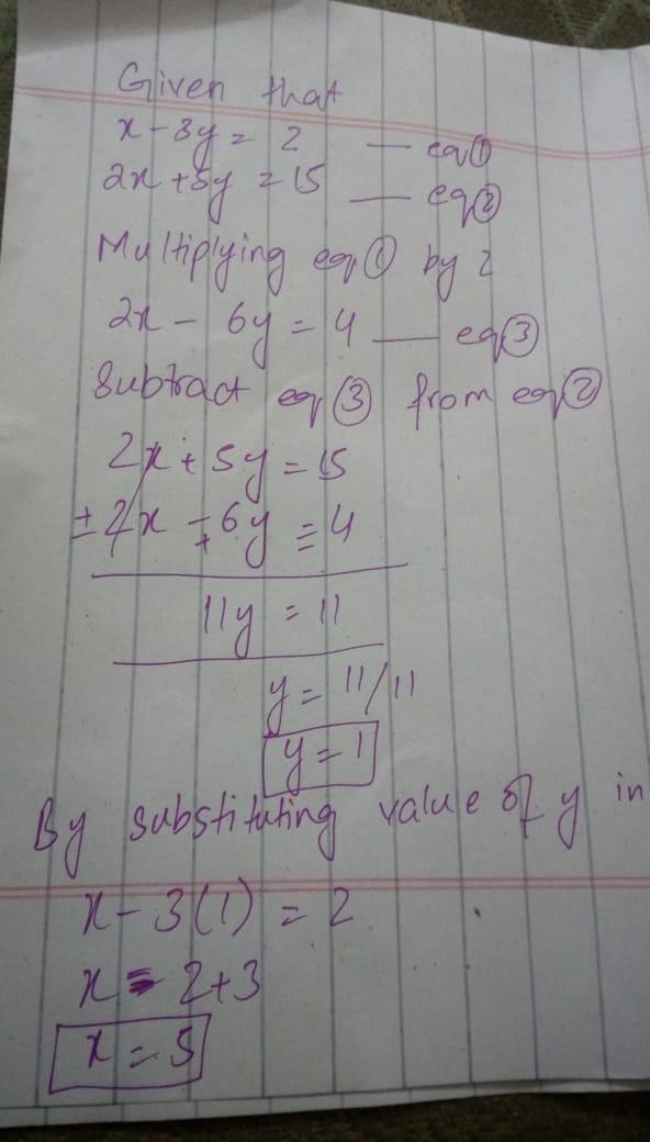 Find the solution to the following system of equations using substitution: X-3y=2 2x-example-1