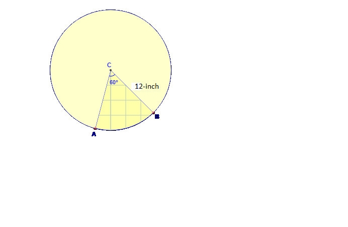 The sector of a circle with a 12-inch radius has a central angle measure of 60°. What-example-1