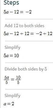 Solve. 5a−12=−2 Enter your answer in the box. a =-example-1