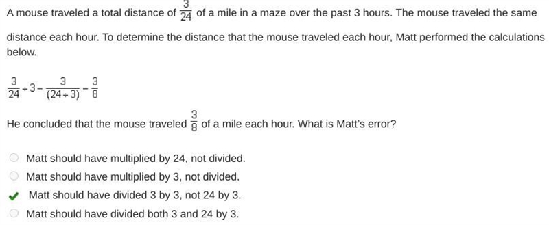 A mouse traveled a total distance of 3/24 of a mile in a maze over the past three-example-1